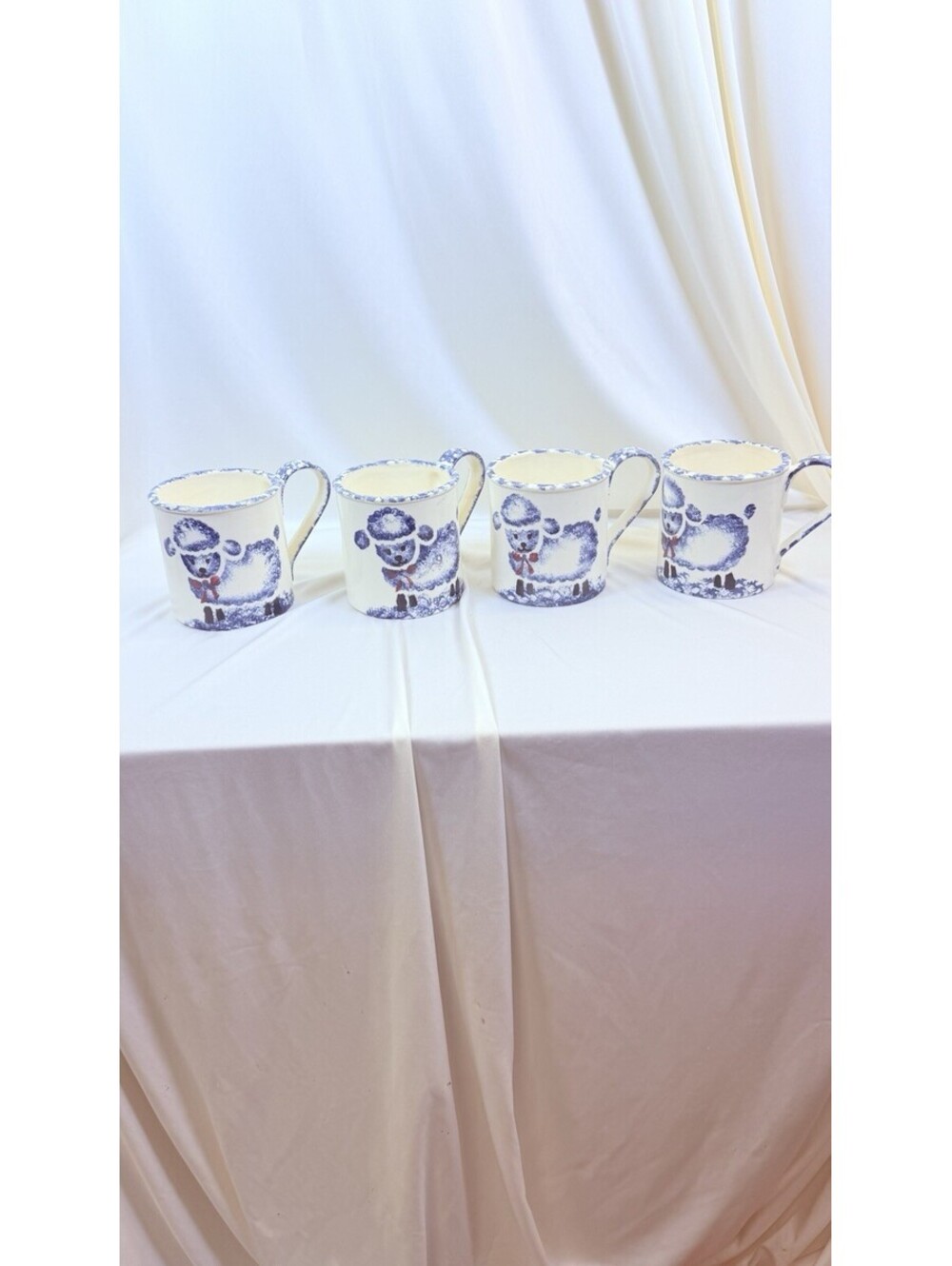 Blue Spongeware Sheep Coffee Tea Mugs Set of 4 Farmhouse Cups EUC